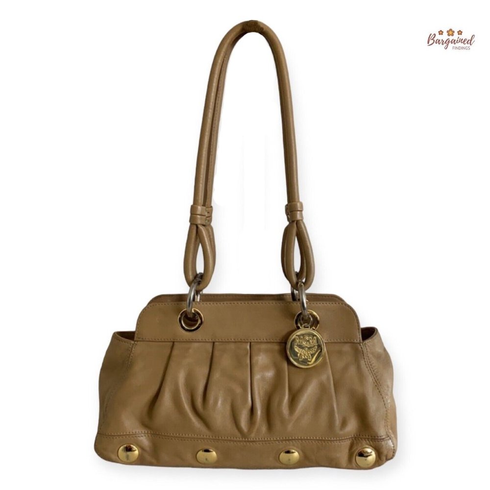 Authentic MCM Tan Soft Leather Plated Studded Small Shoulder Bag w/ Bag Charm